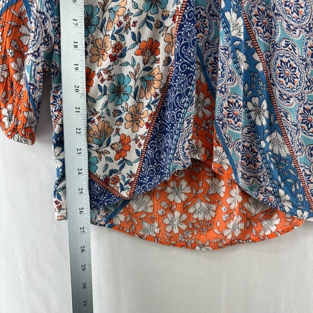 Lola P. Top Size L Peasant Boho Floral Blouse Shirred Tasseled Slit Sleeve Blue - Picture 10 of 10